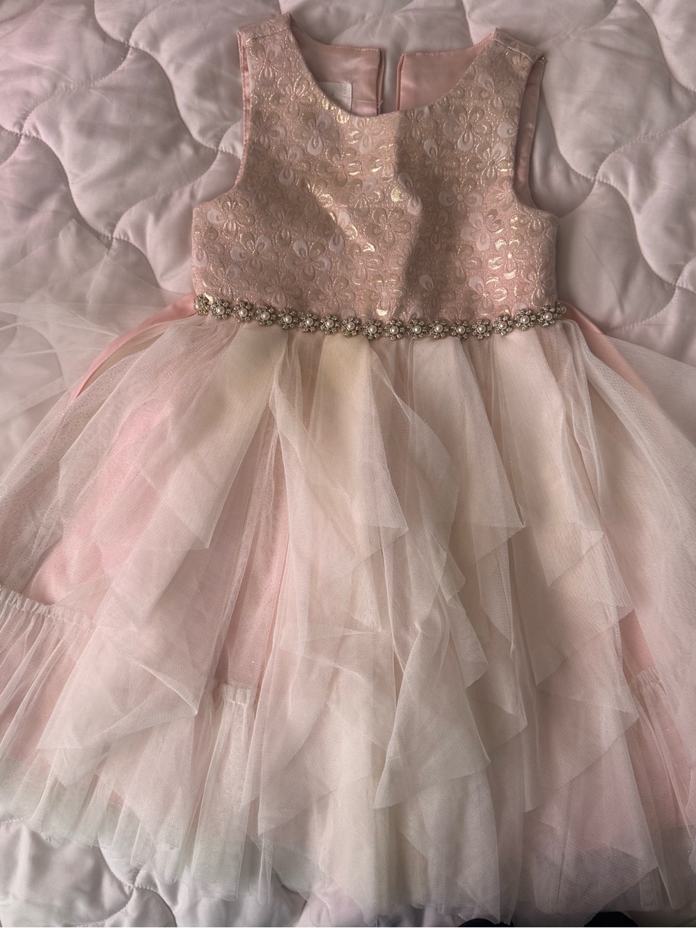 American Princess Pink Floral Lace & Tulle Dress with Jeweled Waistband